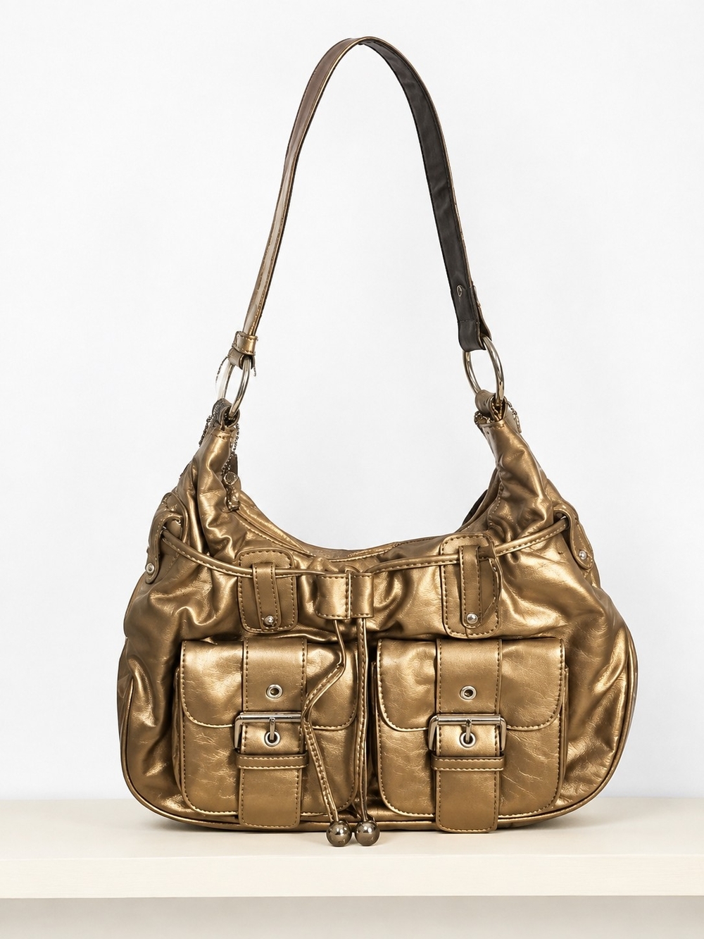 Metallic Gold Shoulder Hobo Bag with Front Buckle Pockets